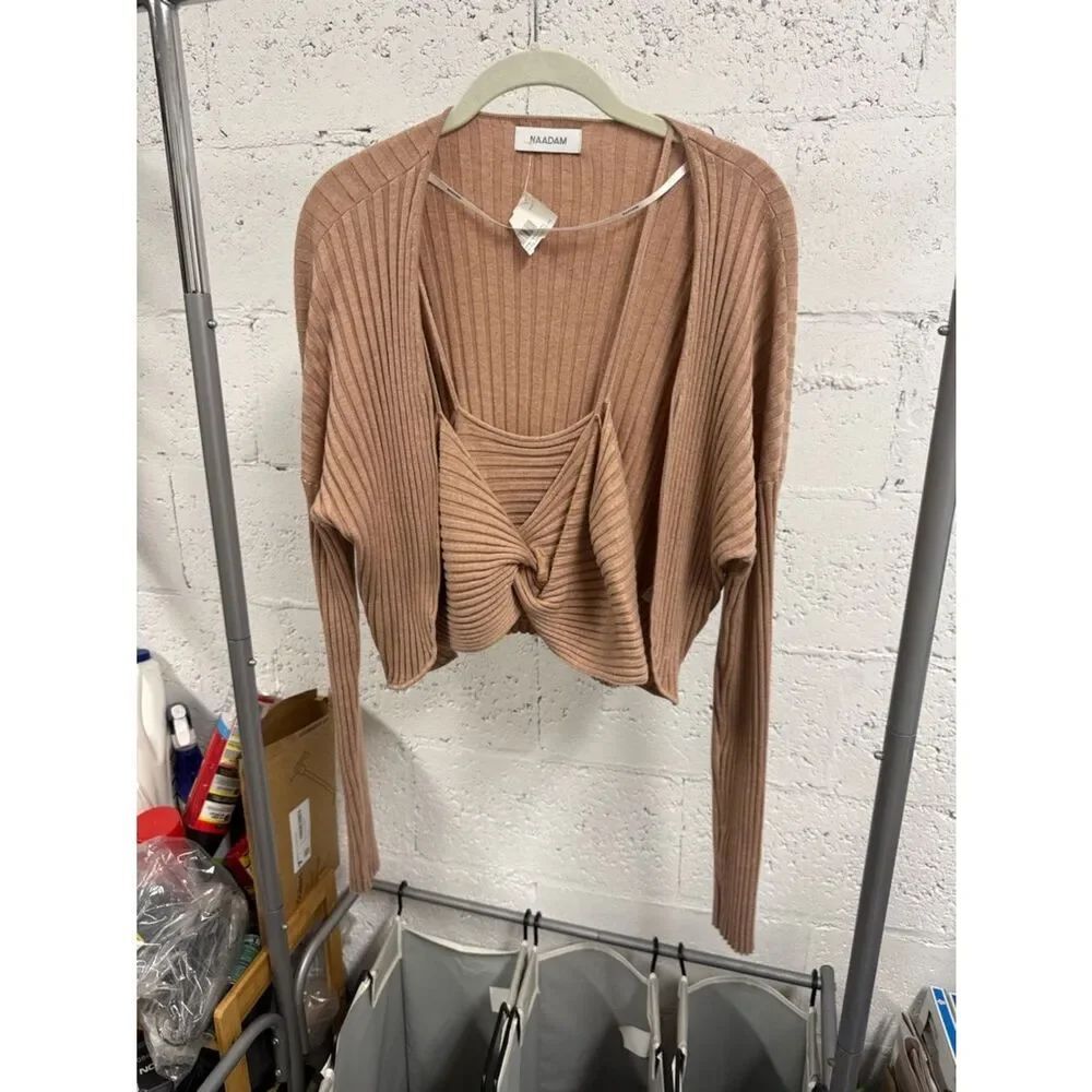 NAADAM Twisted Front Ribbed Cami AND Light Knit Sweater Medium Camel-Taupe NWT